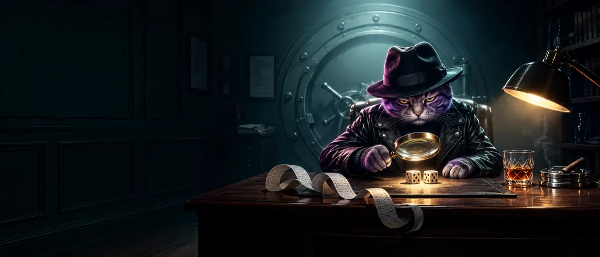 Boss Cat checking two dice through a magnifying glass